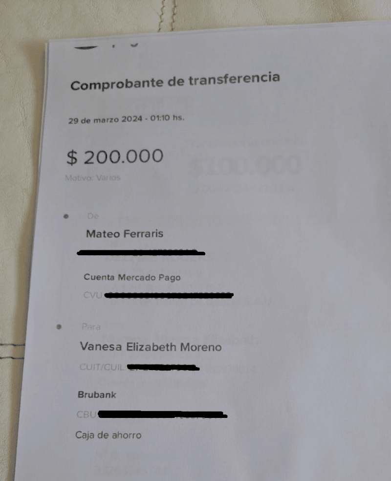 Uno de los tantos comprobantes de pago que García tiene como evidencia de la transferencia de dinero a la pareja de Morgado.