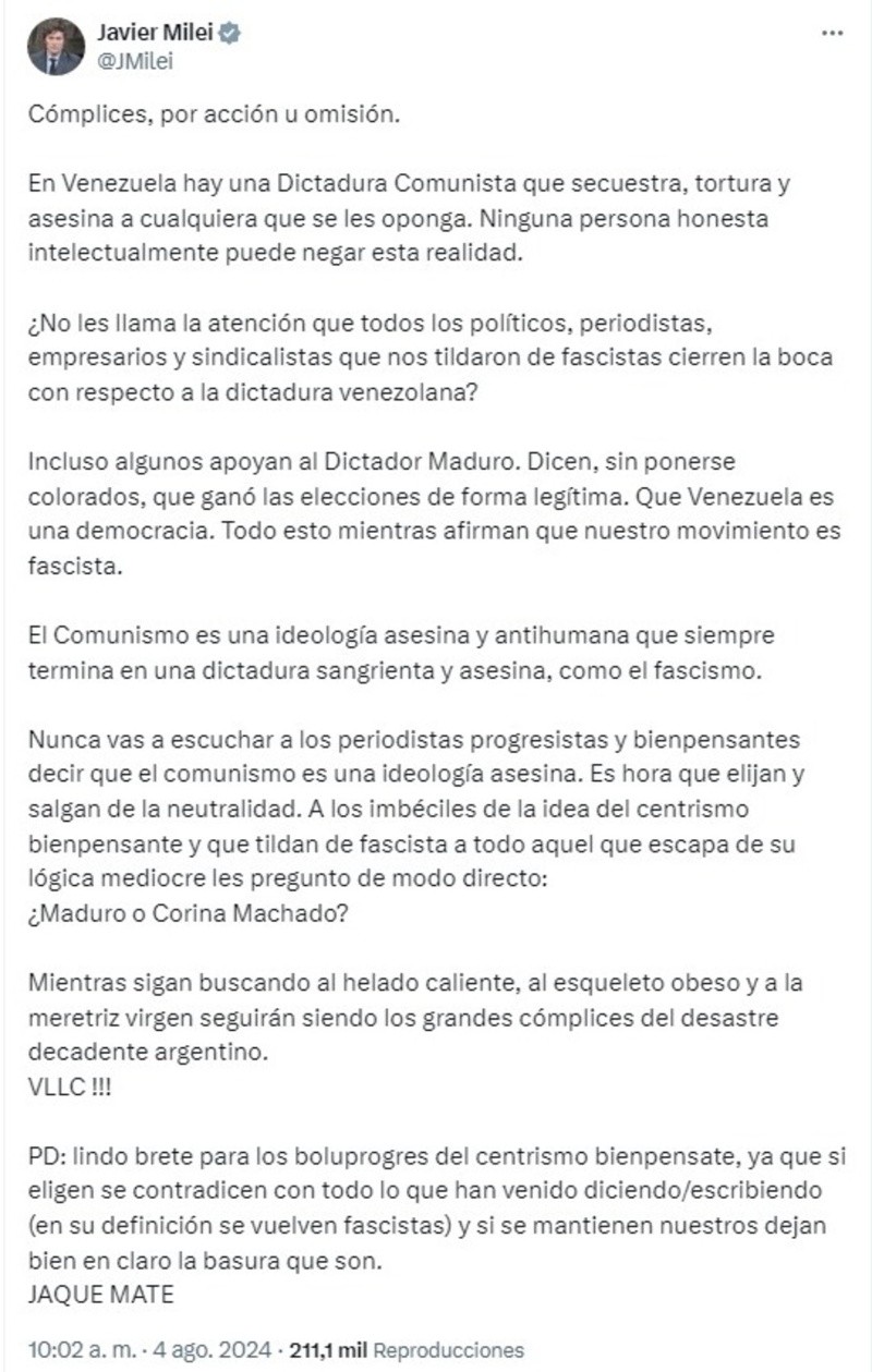 Javier Milei, contra Nicolás Maduro: 