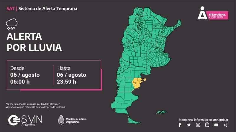 Chubur es la única provincia que está bajo alerta amarilla por lluvias. 