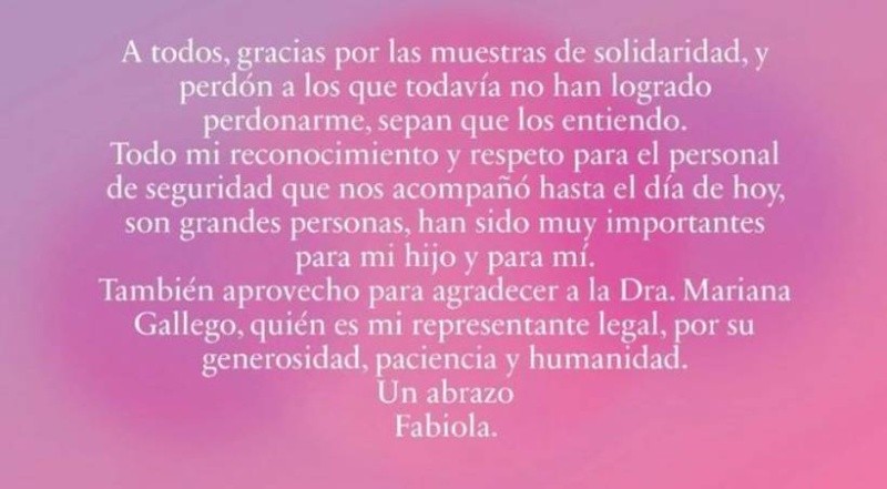 El mensaje de Fabiola Yañez en su cuenta de Instagram.