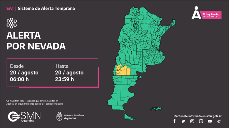  Las provincias afectadas por la alerta amarilla por nevadas.