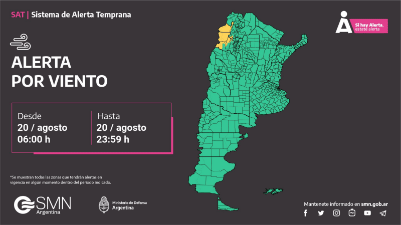  Las provincias bajo alerta amarilla por vientos.