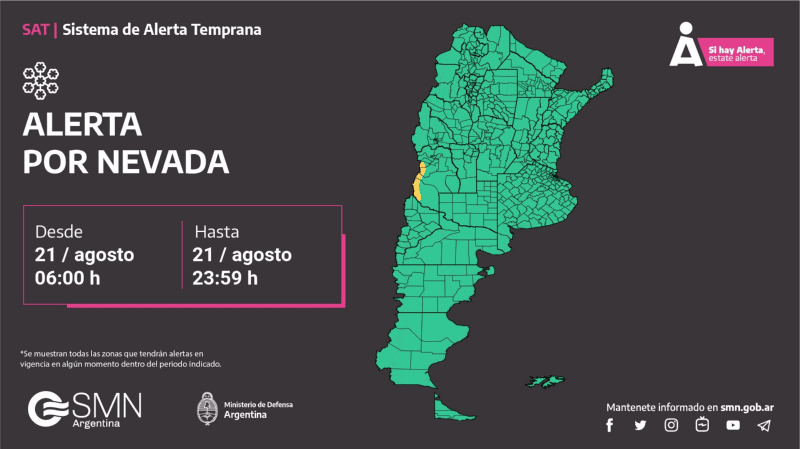 Mendoza es la provincia bajo alerta amarilla por nevadas. 