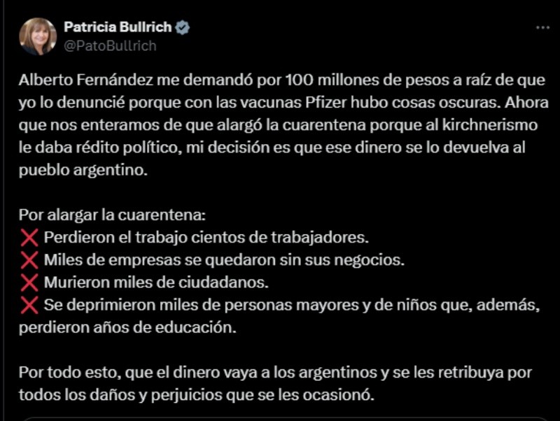 El posteo de Patricia Bullrich en su cuenta de X.