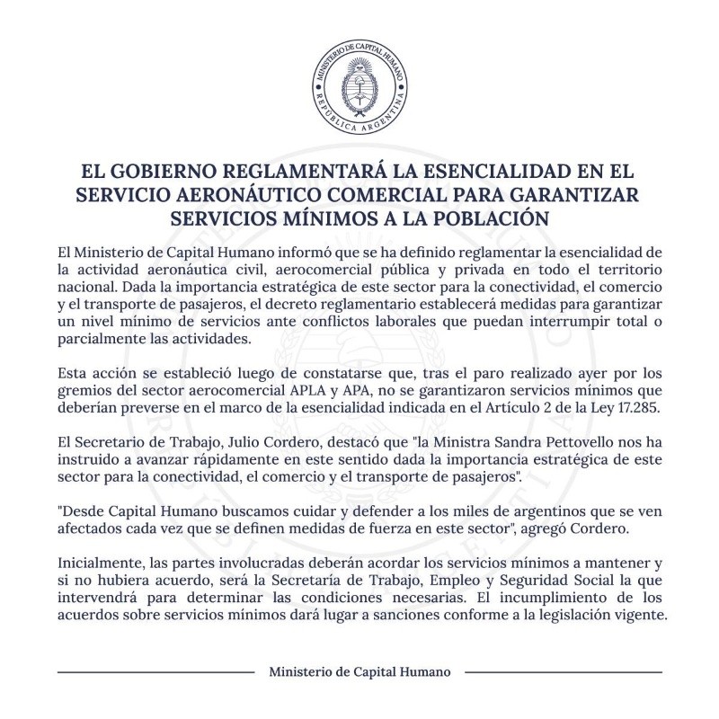  El comunicado del   <a href='https://www.cronica.com.ar/tags/Ministerio de Capital Humano'>Ministerio de Capital Humano</a>.