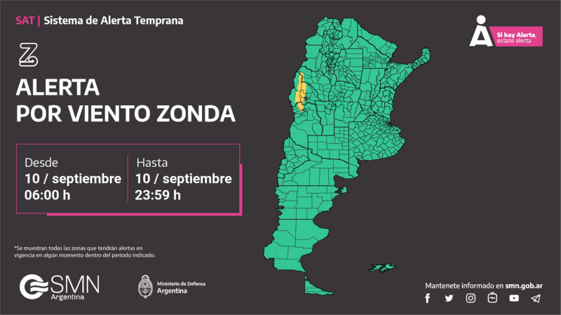  Estas son las provincias bajo alerta amarilla por viento zonda.