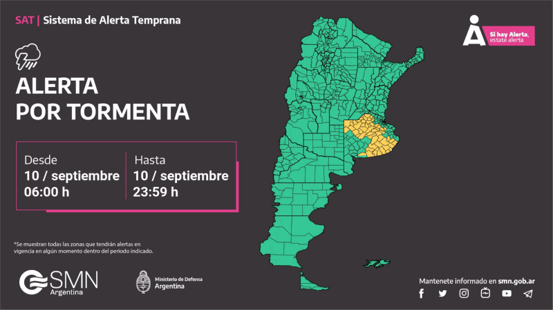 Gran parte de la provincia de Buenos Aires está bajo alerta amarilla por tormentas.