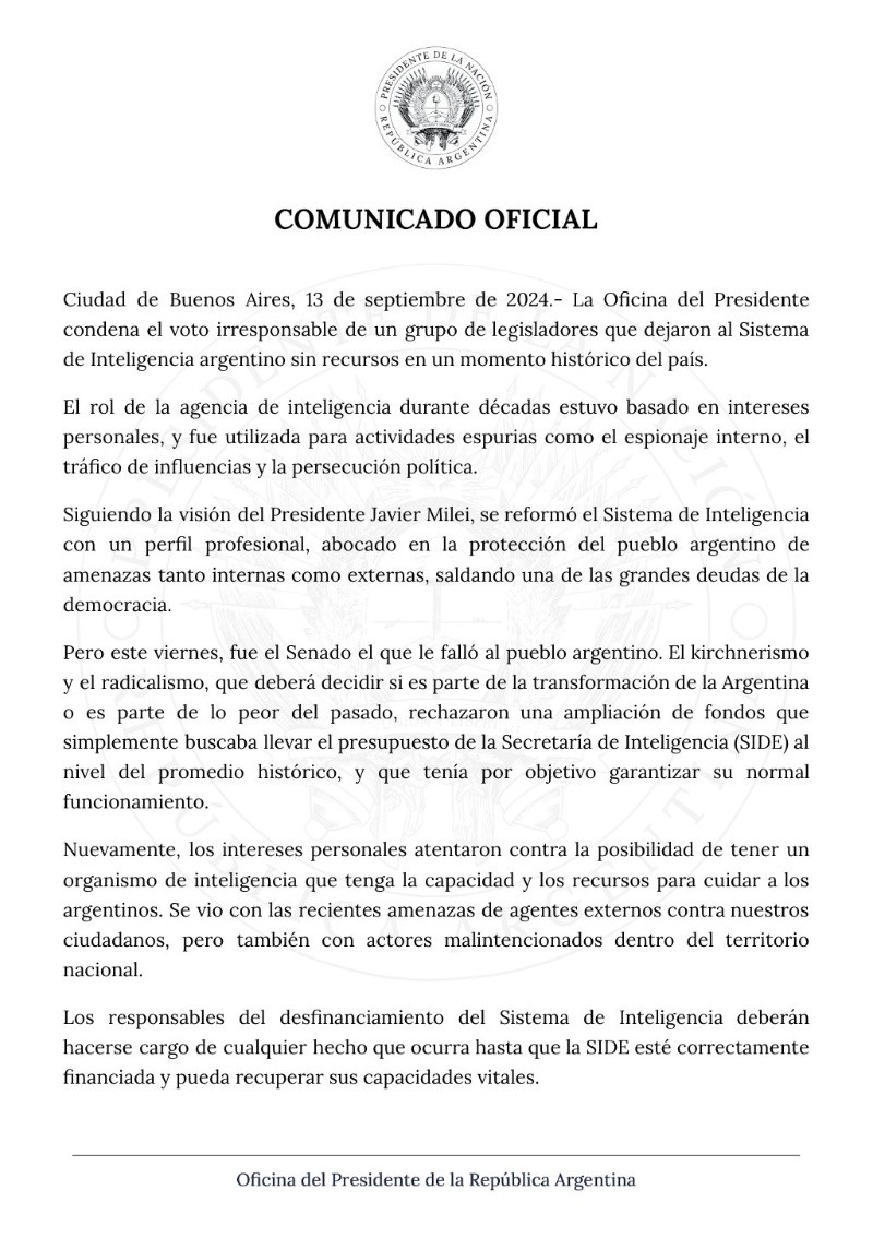 Comunicado oficial del Gobierno tras el rechazo al   <a href='https://www.cronica.com.ar/tags/DNU'>DNU</a> para los fondos de la SIDE (X).