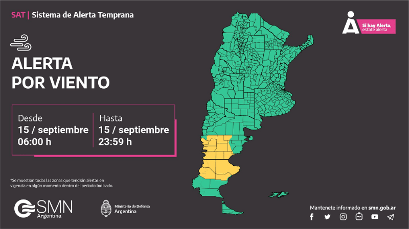  Estas son las provincias afectadas por la alerta amarilla por vientos.