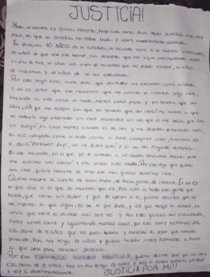 La carta de puño y letra escrita por la víctima. 