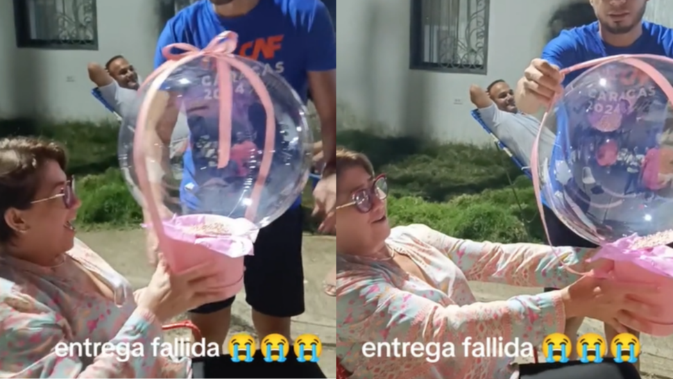 Tras ser sorprendida con su regalo de cumpleaños, la mujer vivió un momento insólito y desopilante (Captura TikTok).