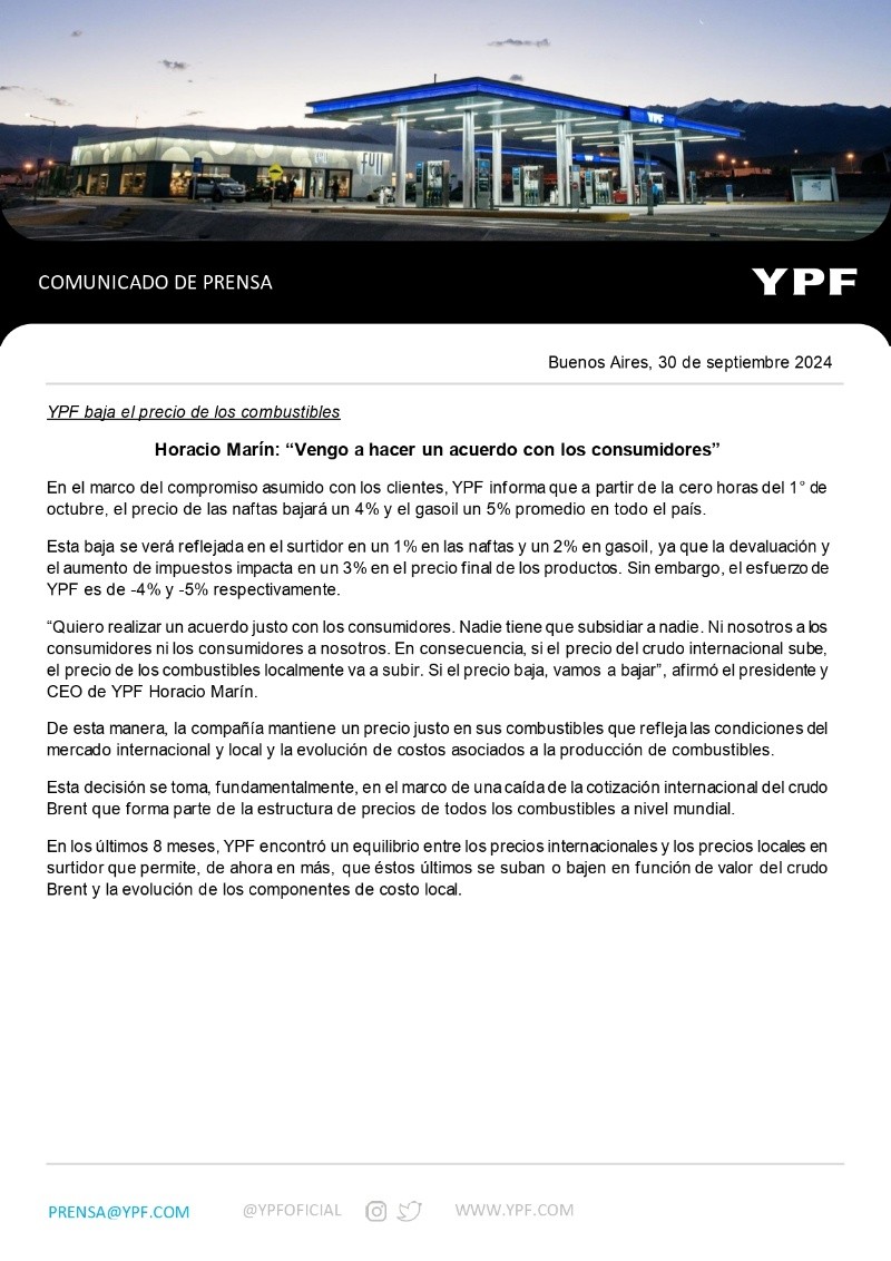 Comunicado completo de   <a href='https://www.cronica.com.ar/tags/YPF'>YPF</a> sobre la baja de los combustibles. 