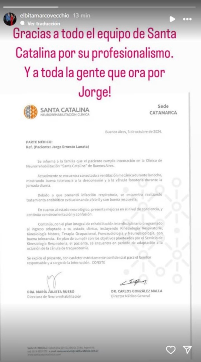 La publicación de la esposa de Lanta donde comparte el comunicado del centro de rehabilitación. 