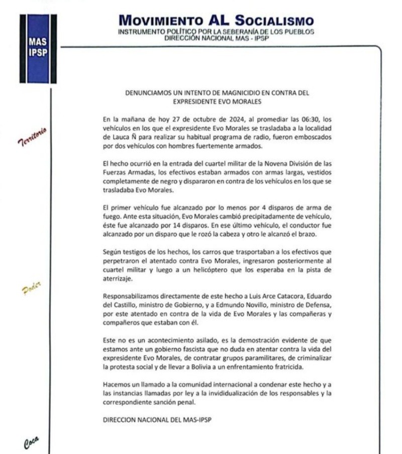 El comunicado posterior al ataque contra Evo Morales.