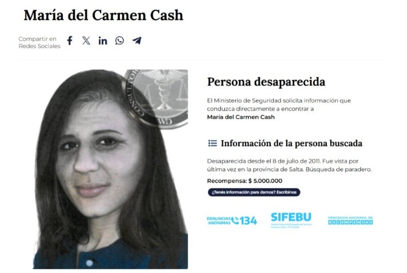 La recompensa para quien ofrezca datos relevantes sobre la desaparición de   <a href='https://www.cronica.com.ar/tags/María Cash'>María Cash</a>.