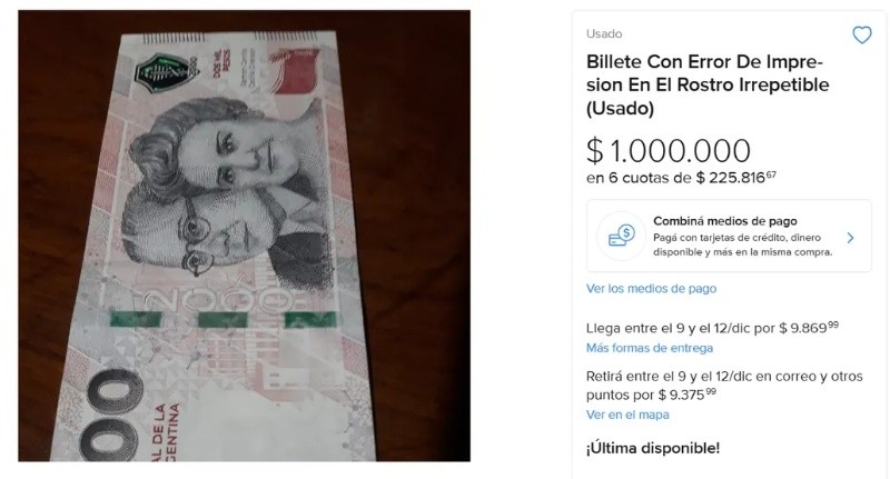  La publicación donde se vende el billete a 1.000.000 de pesos.