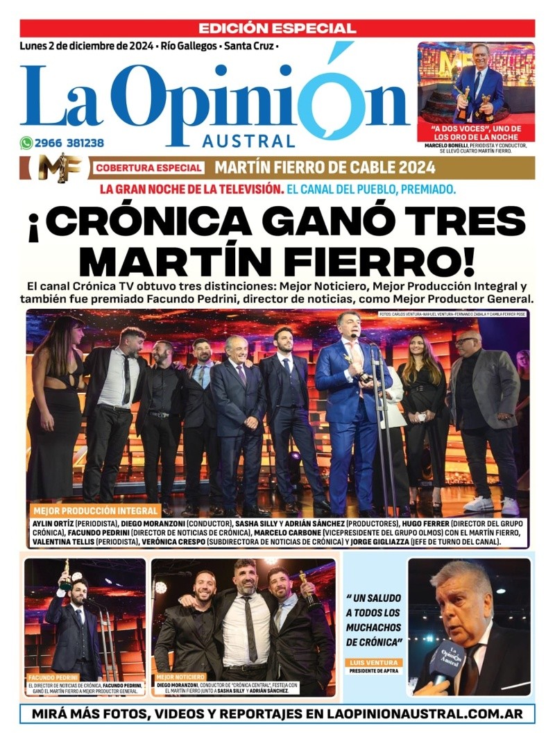   <a href='https://www.cronica.com.ar/tags/Tapas'>Tapas</a> del lunes 2 de diciembre de 2024.