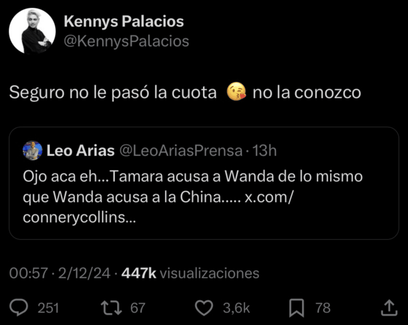 La respuesta de Kennys Palacios a Tamar Báez. (Foto: X/ @KennysPalacios). 