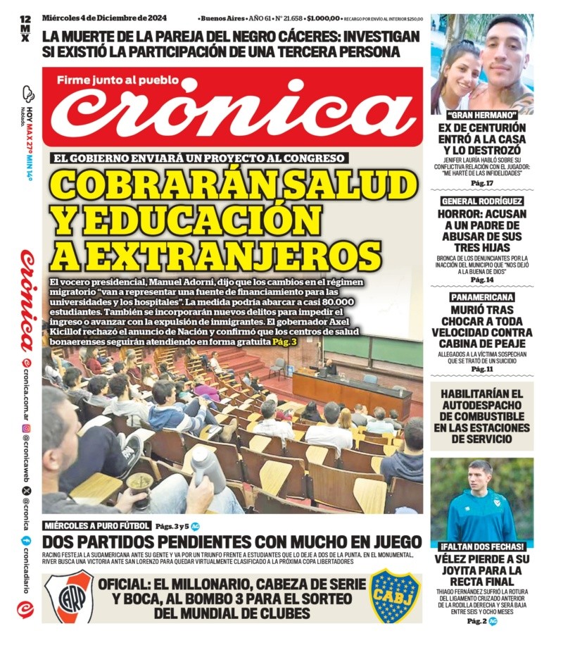   <a href='https://www.cronica.com.ar/tags/Tapas'>Tapas</a> del miércoles 4 de diciembre de 2024.