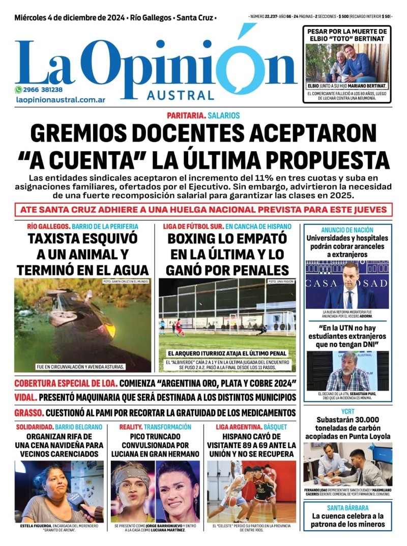   <a href='https://www.cronica.com.ar/tags/Tapas'>Tapas</a> del miércoles 4 de diciembre de 2024.