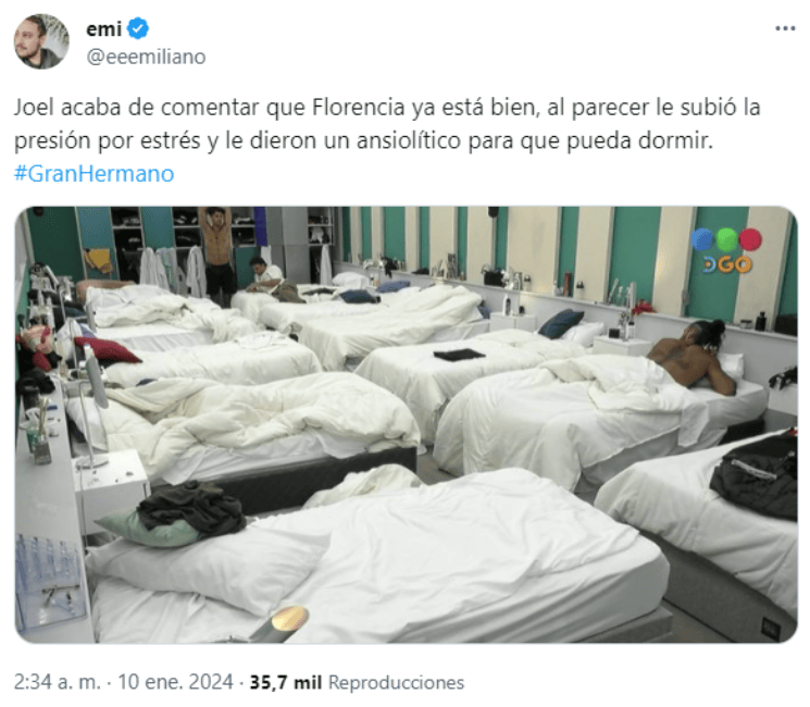 Tras el mal momento, los participantes de   <a href='https://www.cronica.com.ar/tags/Gran Hermano'>Gran Hermano</a> confirmaron la mejoría de Florencia (Twitter/@eeemiliano).