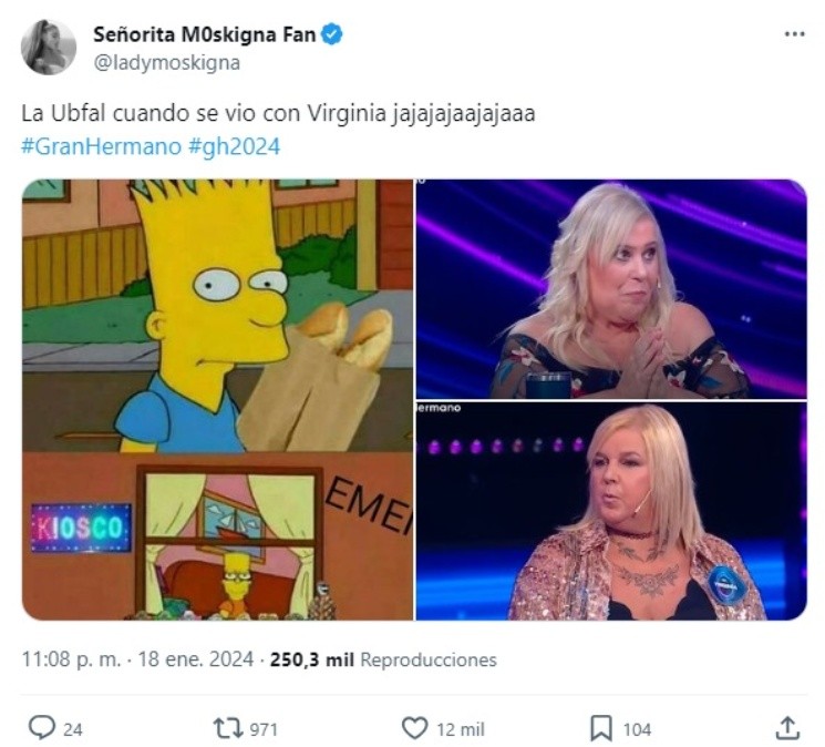 Estallaron los memes en las redes sociales por el ingreso de Virgnia a   <a href='https://www.cronica.com.ar/tags/Gran Hermano'>Gran Hermano</a> (Imagen: X).