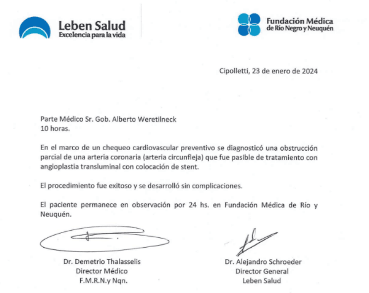 Parte médico del estado de salud del gobernador de   <a href='https://www.cronica.com.ar/tags/Río Negro'>Río Negro</a>, Alberto Weretikneck.