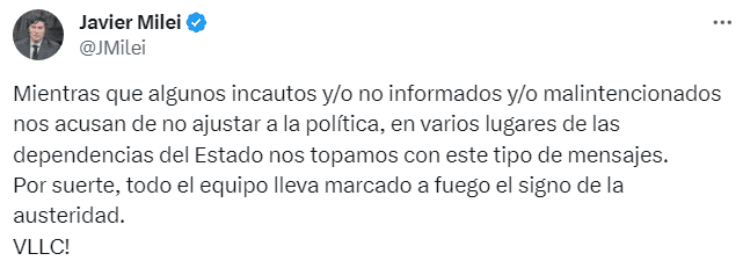 Mensaje de Javier Milei para defender a su hermana Karina Milei (X).