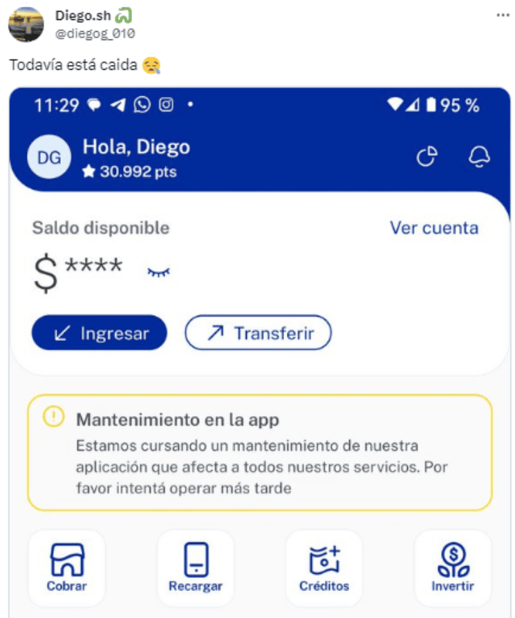 Quejas de usuarios en redes sociales por fallas en la aplicación de una famosa fintech.