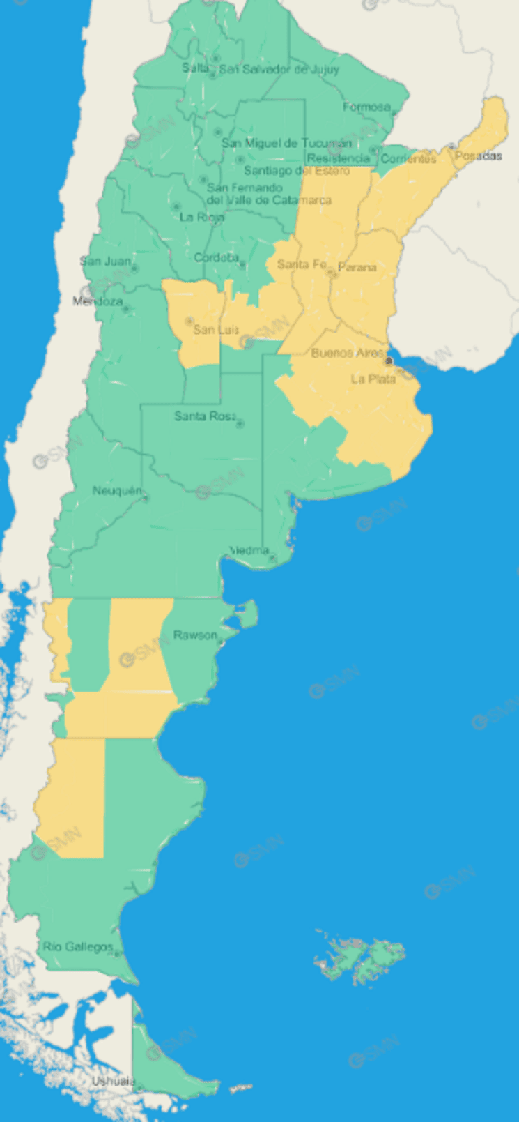 El mapa completo de las provincias afectadas por la alerta amarilla el sábado 9 de marzo.