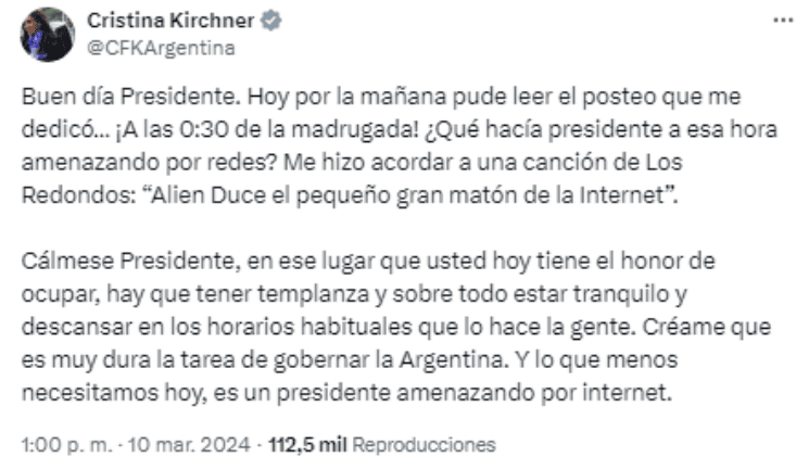 Posteo de Cristina Kirchner contra Javier Milei en X.