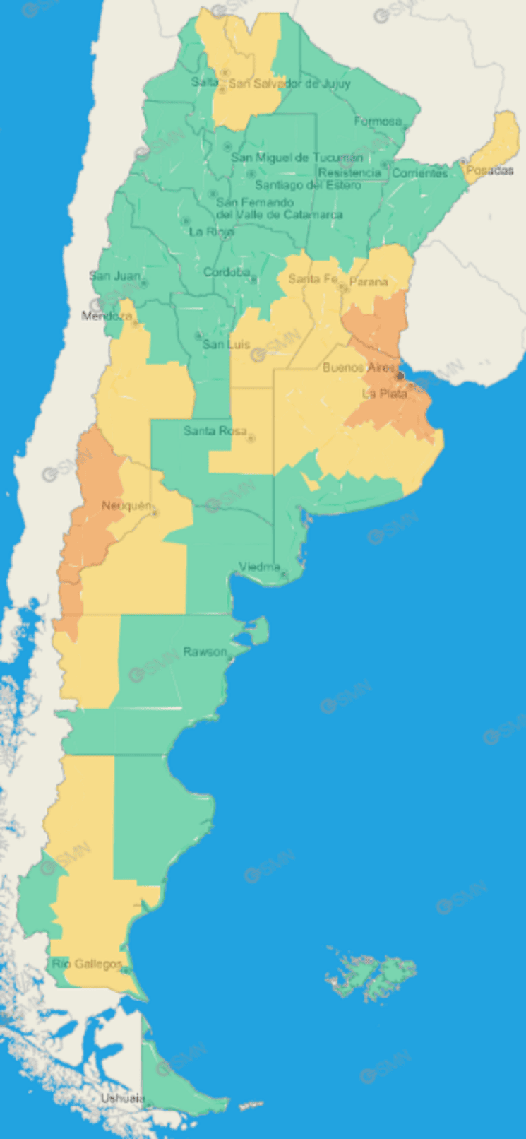 El mapa que indica las alertas meteorológicas del SMN en todo el territorio.