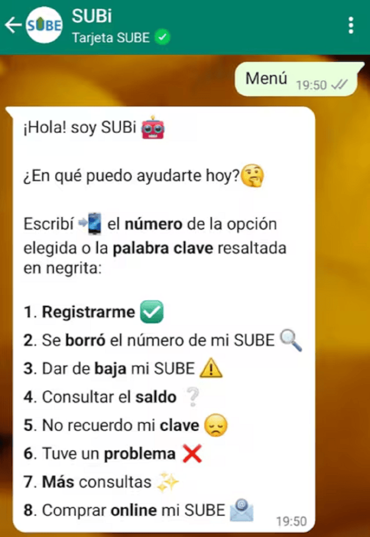 El mensaje que deberá aparecer al chatear con 'SUBi' por WhatsApp.