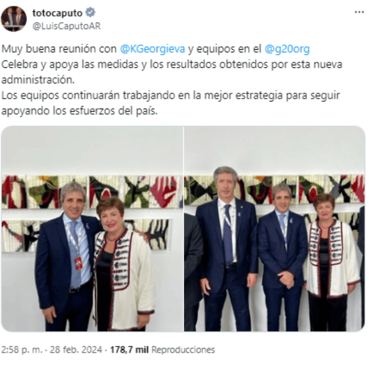 El ministro de Economía, Luis Caputo, con la titular del   <a href='https://www.cronica.com.ar/tags/FMI'>FMI</a>, Kristalina Georgieva.