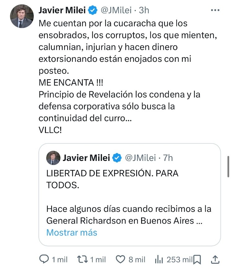 El posteo de Javier Milei, donde califica al periodismo de 'ensobrados, corruptos, que hacen dinero extorsionando'. 