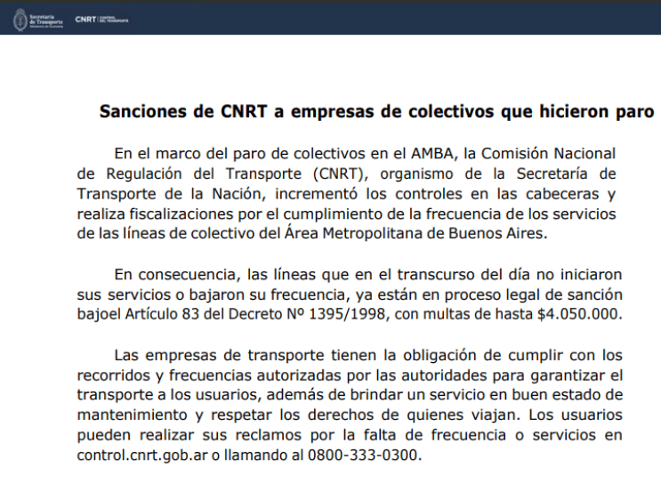 Comunicado de la   <a href='https://www.cronica.com.ar/tags/CNRT'>CNRT</a> sobre el paro de colectivos.