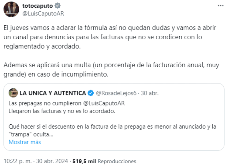 Mensaje de Luis Caputo sobre las prepagas.