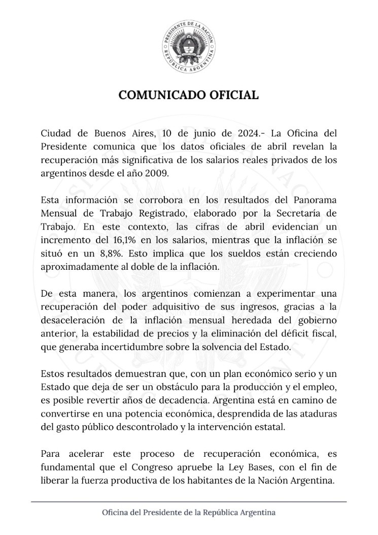 Comunicado de la Oficina del Presidente de la República Argentina (X).