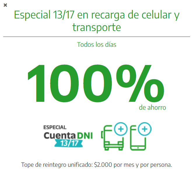 La promo para recargar la   <a href='https://www.cronica.com.ar/tags/SUBE'>SUBE</a> o el celular y obtener el total del reintegro está disponible para un grupo de usuarios durante todo junio (Imagen:   <a href='https://www.cronica.com.ar/tags/Cuenta DNI'>Cuenta DNI</a>).