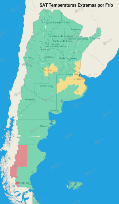 El Servicio Meteorológico Nacional mantiene su alerta por fríon extremo en el sur argentino y en localidades de la provincia de Buenos Aires.