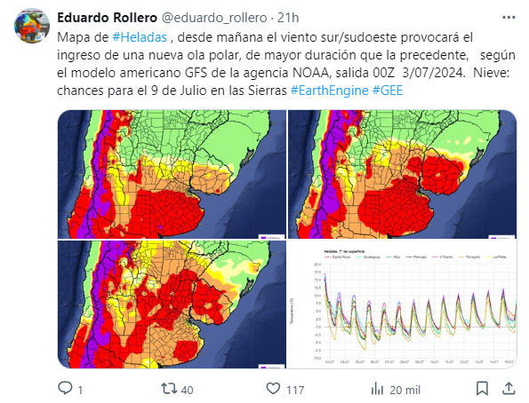 En los próximos días podría caer nieve en algunas localidades de Buenos Aires como consecuencia del frío extremo (Captura X).