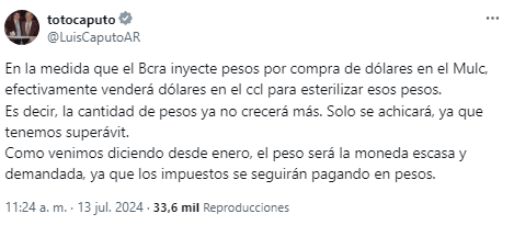  El   <a href='https://www.cronica.com.ar/tags/Banco Central'>Banco Central</a> podrá intervenir a partir del lunes en el mercado del dólar CCL, anticipó el ministro de Economía, Luis Caputo.