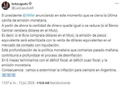 El   <a href='https://www.cronica.com.ar/tags/Banco Central'>Banco Central</a> podrá intervenir a partir del lunes en el mercado del dólar CCL, anticipó el ministro de Economía, Luis Caputo.