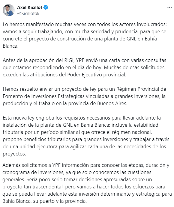 La publicación de Axel Kicillof tras la conferencia de prensa (Captura X).