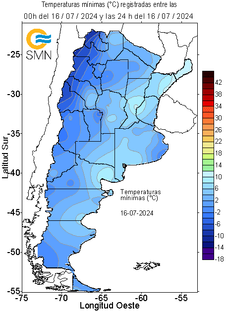 Mapa de las temperaturas más bajas (°C) este martes 16 de julio (SMN).