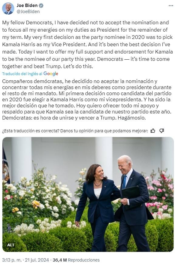 El mensaje de   <a href='https://www.cronica.com.ar/tags/Joe Biden'>Joe Biden</a> en apoyo a   <a href='https://www.cronica.com.ar/tags/Kamala Harris'>Kamala Harris</a>.