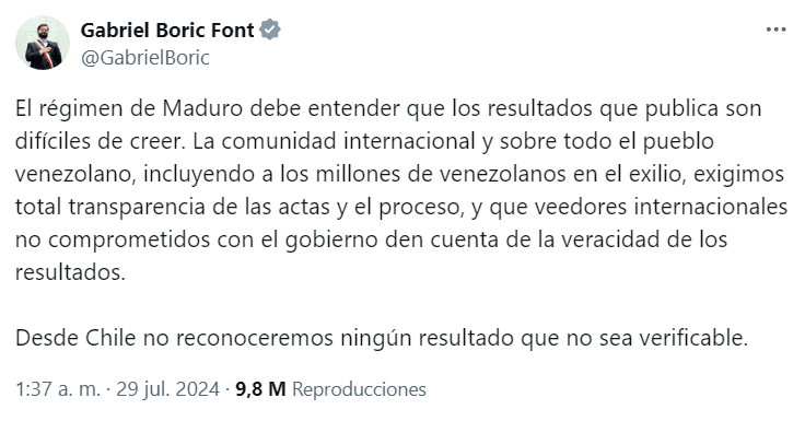 El presidente chileno Gabriel Boric cuestionó los resultados electorales en   <a href='https://www.cronica.com.ar/tags/Venezuela'>Venezuela</a>.