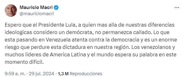 El mensaje de Mauricio Macri para Lula Da Silva por la elección en Venezuela.