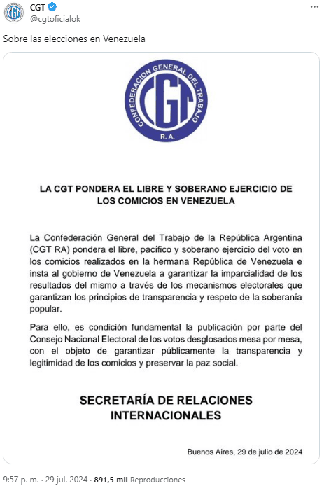 Comunicado de la   <a href='https://www.cronica.com.ar/tags/CGT'>CGT</a> sobre las elecciones en   <a href='https://www.cronica.com.ar/tags/Venezuela'>Venezuela</a>.