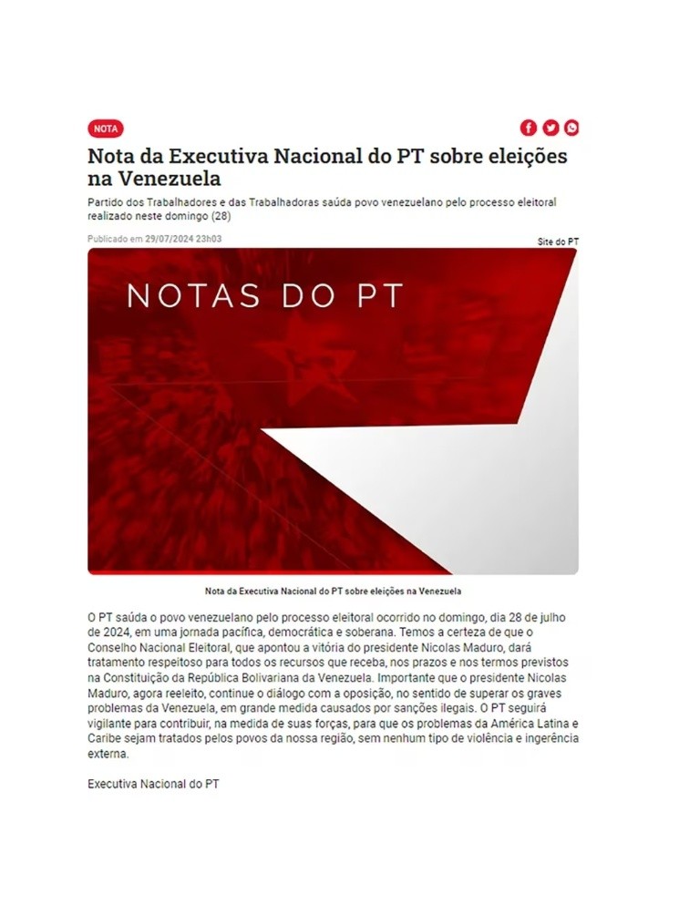  Comunicado de PT, el partido de Lula Da Silva